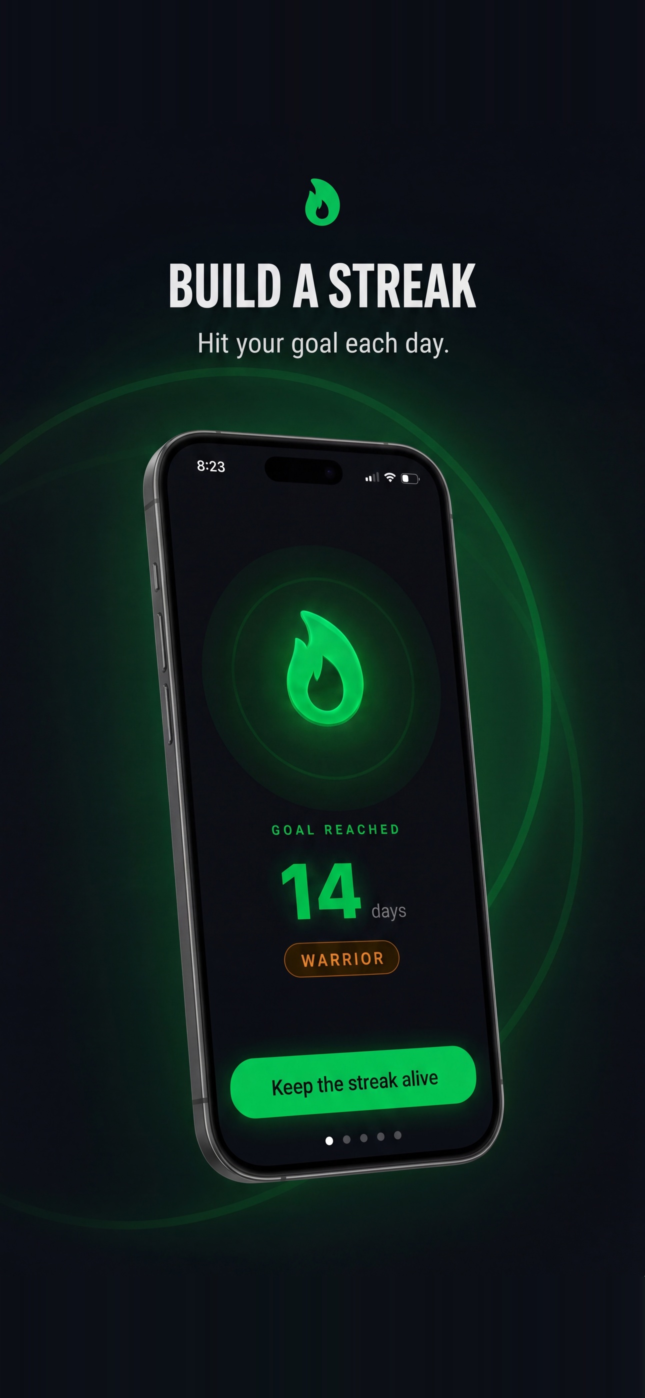 Walkgate streak screen: Goal Reached, 14 days, WARRIOR badge, green glow